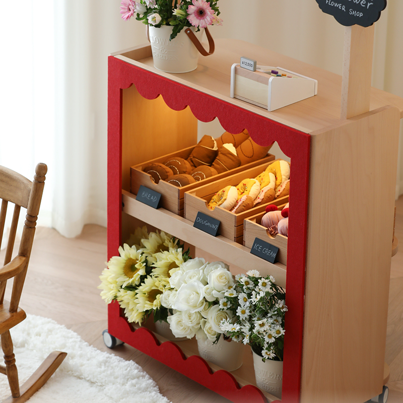 Contemporary Retro Solid Beech Wood &amp; Plywood Canvas Ceramics Montessori Toy Storage Shelf - Convertible Double-Sided Kids Bookshelf &amp; Play Market Organizer With Wheels