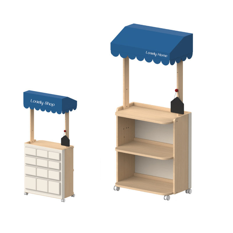 Contemporary Retro Solid Beech Wood &amp; Plywood Canvas Ceramics Montessori Toy Storage Shelf - Convertible Double-Sided Kids Bookshelf &amp; Play Market Organizer With Wheels