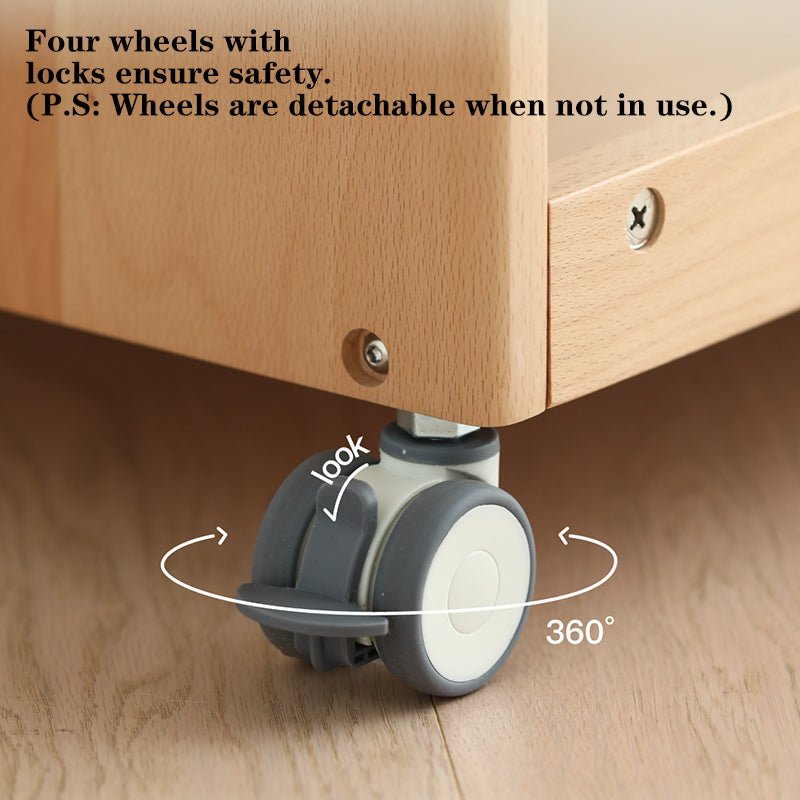 Contemporary Retro Solid Beech Wood &amp; Plywood Canvas Ceramics Montessori Toy Storage Shelf - Convertible Double-Sided Kids Bookshelf &amp; Play Market Organizer With Wheels