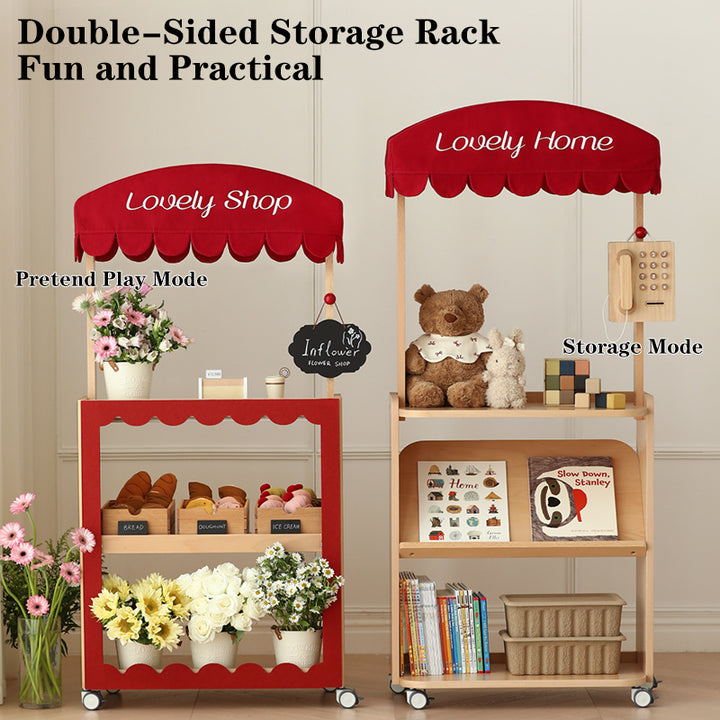 Contemporary Retro Solid Beech Wood &amp; Plywood Canvas Ceramics Montessori Toy Storage Shelf - Convertible Double-Sided Kids Bookshelf &amp; Play Market Organizer With Wheels