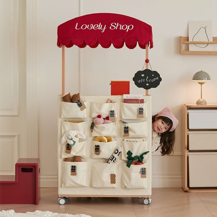 Contemporary Retro Solid Beech Wood &amp; Plywood Canvas Ceramics Montessori Toy Storage Shelf - Convertible Double-Sided Kids Bookshelf &amp; Play Market Organizer With Wheels