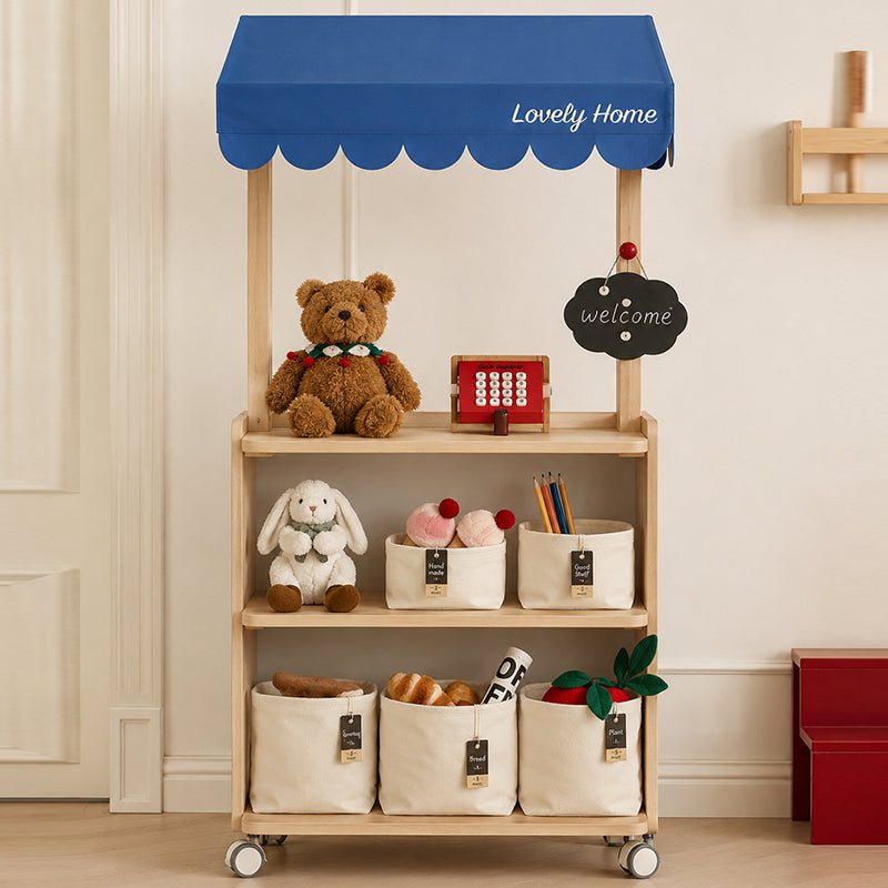 Contemporary Retro Solid Beech Wood &amp; Plywood Canvas Ceramics Montessori Toy Storage Shelf - Convertible Double-Sided Kids Bookshelf &amp; Play Market Organizer With Wheels