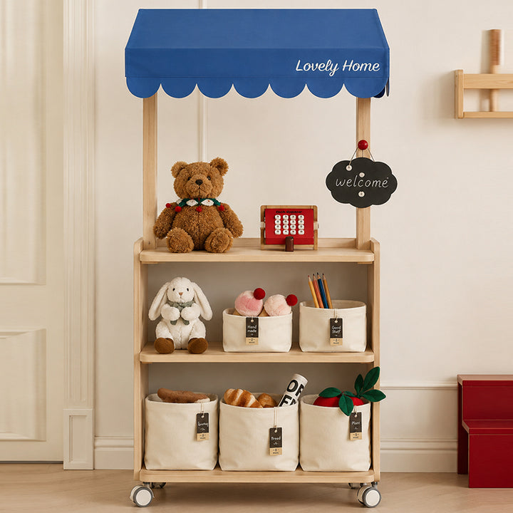 Contemporary Retro Solid Beech Wood &amp; Plywood Canvas Ceramics Montessori Toy Storage Shelf - Convertible Double-Sided Kids Bookshelf &amp; Play Market Organizer With Wheels