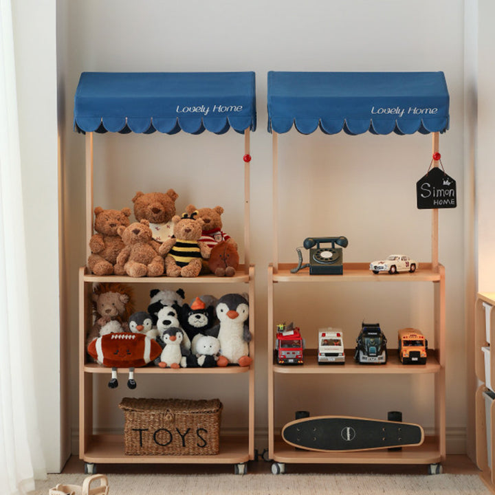 Contemporary Retro Solid Beech Wood &amp; Plywood Canvas Ceramics Montessori Toy Storage Shelf - Convertible Double-Sided Kids Bookshelf &amp; Play Market Organizer With Wheels