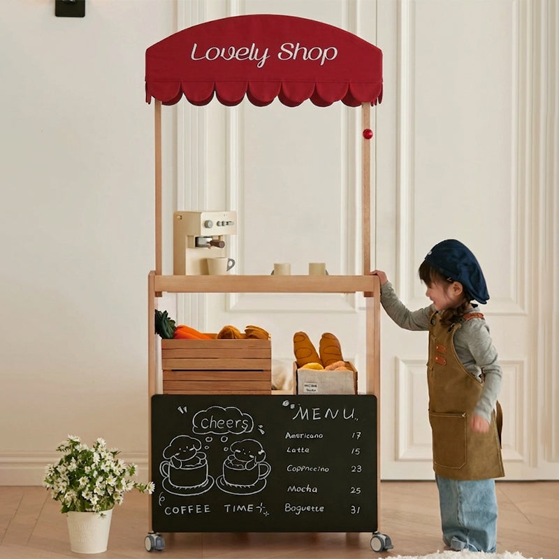 Contemporary Retro Solid Beech Wood &amp; Plywood Canvas Ceramics Montessori Toy Storage Shelf - Convertible Double-Sided Kids Bookshelf &amp; Play Market Organizer With Wheels