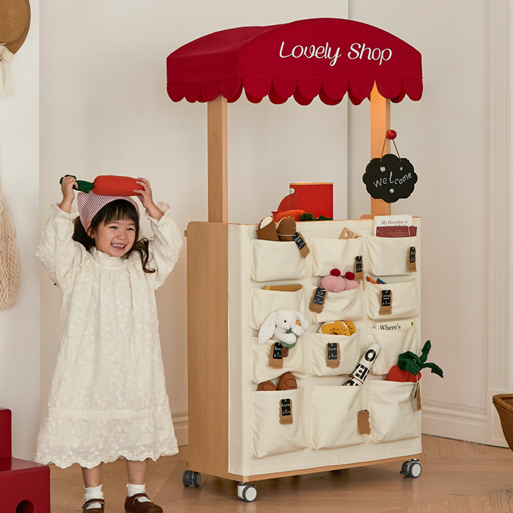 Contemporary Retro Solid Beech Wood &amp; Plywood Canvas Ceramics Montessori Toy Storage Shelf - Convertible Double-Sided Kids Bookshelf &amp; Play Market Organizer With Wheels