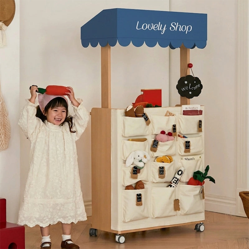 Contemporary Retro Solid Beech Wood &amp; Plywood Canvas Ceramics Montessori Toy Storage Shelf - Convertible Double-Sided Kids Bookshelf &amp; Play Market Organizer With Wheels