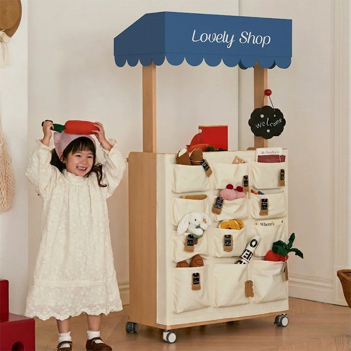 Contemporary Retro Solid Beech Wood &amp; Plywood Canvas Ceramics Montessori Toy Storage Shelf - Convertible Double-Sided Kids Bookshelf &amp; Play Market Organizer With Wheels