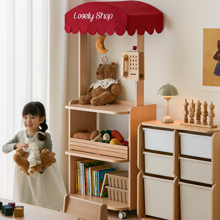 Contemporary Retro Solid Beech Wood &amp; Plywood Canvas Ceramics Montessori Toy Storage Shelf - Convertible Double-Sided Kids Bookshelf &amp; Play Market Organizer With Wheels