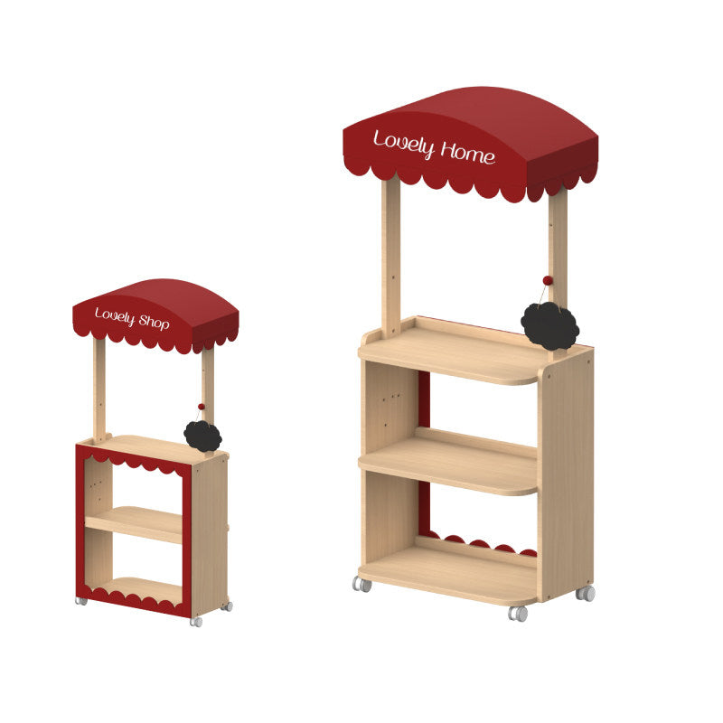 Contemporary Retro Solid Beech Wood &amp; Plywood Canvas Ceramics Montessori Toy Storage Shelf - Convertible Double-Sided Kids Bookshelf &amp; Play Market Organizer With Wheels