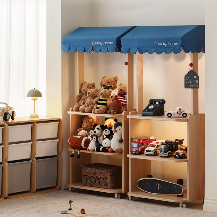 Contemporary Retro Solid Beech Wood &amp; Plywood Canvas Ceramics Montessori Toy Storage Shelf - Convertible Double-Sided Kids Bookshelf &amp; Play Market Organizer With Wheels