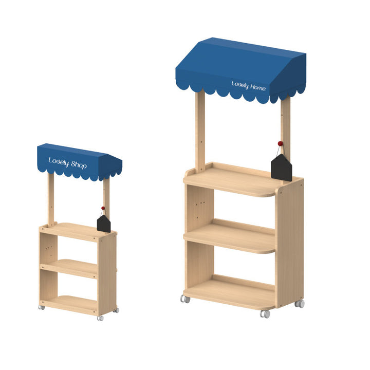 Contemporary Retro Solid Beech Wood &amp; Plywood Canvas Ceramics Montessori Toy Storage Shelf - Convertible Double-Sided Kids Bookshelf &amp; Play Market Organizer With Wheels