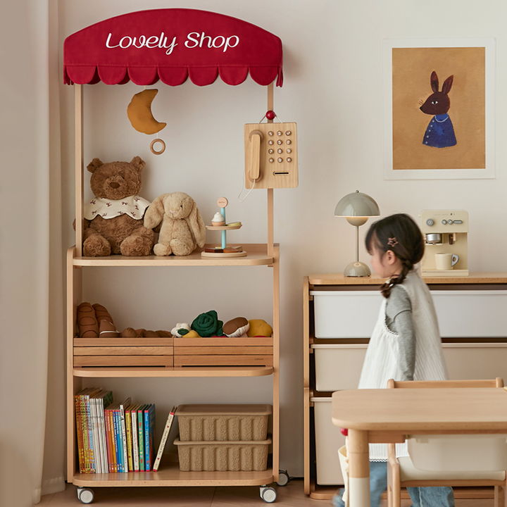 Contemporary Retro Solid Beech Wood &amp; Plywood Canvas Ceramics Montessori Toy Storage Shelf - Convertible Double-Sided Kids Bookshelf &amp; Play Market Organizer With Wheels