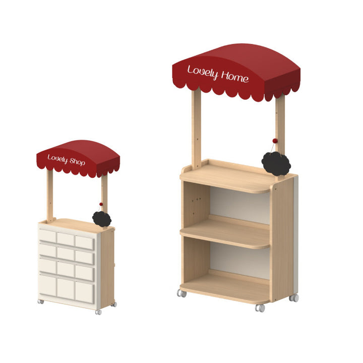 Contemporary Retro Solid Beech Wood &amp; Plywood Canvas Ceramics Montessori Toy Storage Shelf - Convertible Double-Sided Kids Bookshelf &amp; Play Market Organizer With Wheels