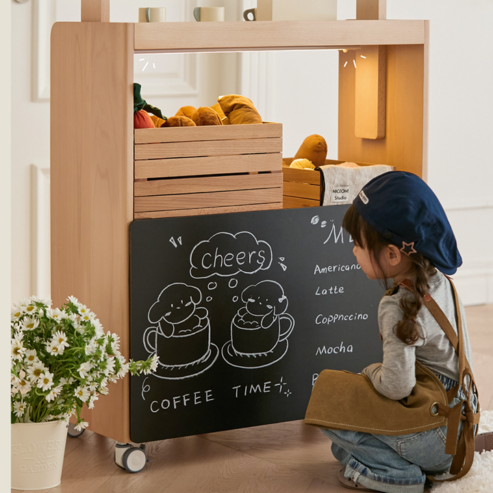 Contemporary Retro Solid Beech Wood &amp; Plywood Canvas Ceramics Montessori Toy Storage Shelf - Convertible Double-Sided Kids Bookshelf &amp; Play Market Organizer With Wheels