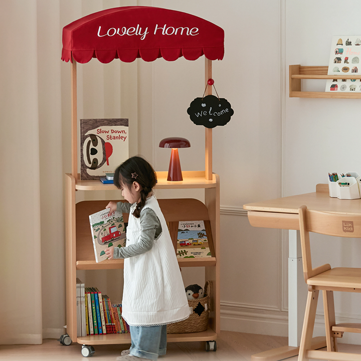 Contemporary Retro Solid Beech Wood &amp; Plywood Canvas Ceramics Montessori Toy Storage Shelf - Convertible Double-Sided Kids Bookshelf &amp; Play Market Organizer With Wheels