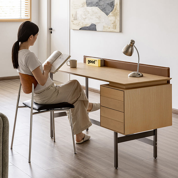Moderner minimalistischer Schreibtisch aus weißem Eichenfurnier, Massivholz und Sperrholz mit 2 Schubladen für das Homeoffice 