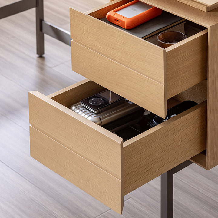 Moderner minimalistischer Schreibtisch aus weißem Eichenfurnier, Massivholz und Sperrholz mit 2 Schubladen für das Homeoffice 