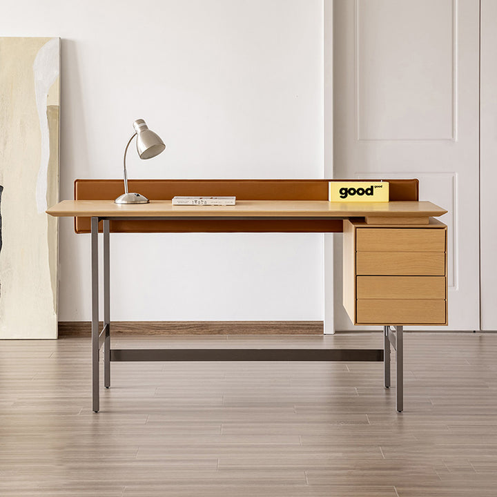 Escritorio moderno minimalista de chapa de roble blanco de madera maciza contrachapada con 2 cajones para oficina en casa 