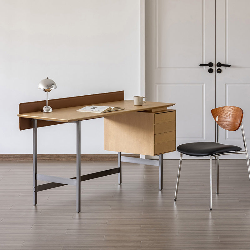 Moderner minimalistischer Schreibtisch aus weißem Eichenfurnier, Massivholz und Sperrholz mit 2 Schubladen für das Homeoffice 