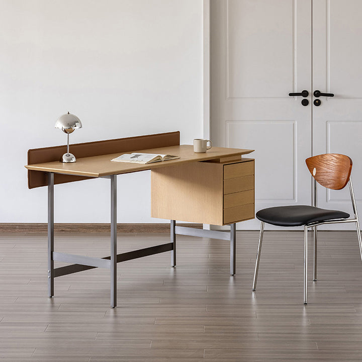 Moderner minimalistischer Schreibtisch aus weißem Eichenfurnier, Massivholz und Sperrholz mit 2 Schubladen für das Homeoffice 