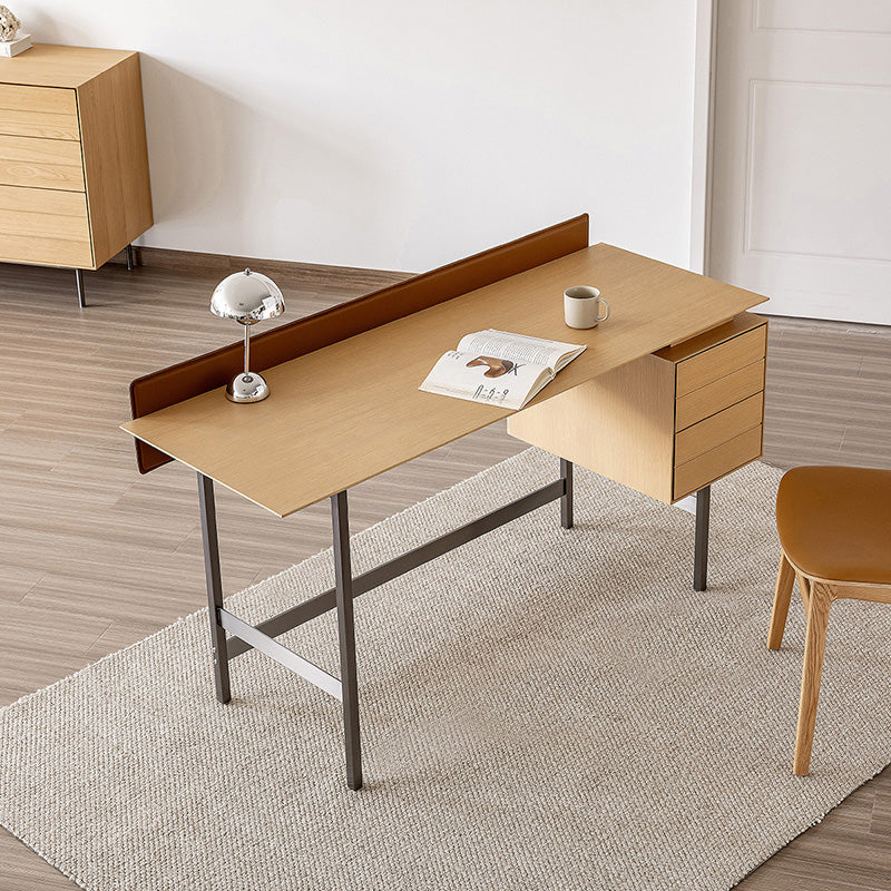 Moderner minimalistischer Schreibtisch aus weißem Eichenfurnier, Massivholz und Sperrholz mit 2 Schubladen für das Homeoffice 