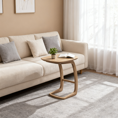 Solid North American Ash Wood C-Shaped Sofa Side Table - Modern Minimalist Coffee & Snack Table