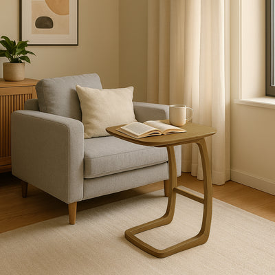 Solid North American Ash Wood C-Shaped Sofa Side Table - Modern Minimalist Coffee & Snack Table