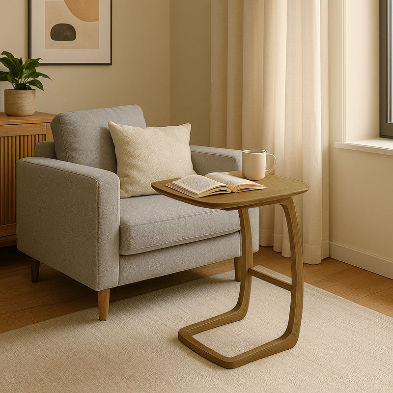 Solid North American Ash Wood C-Shaped Sofa Side Table - Modern Minimalist Coffee & Snack Table