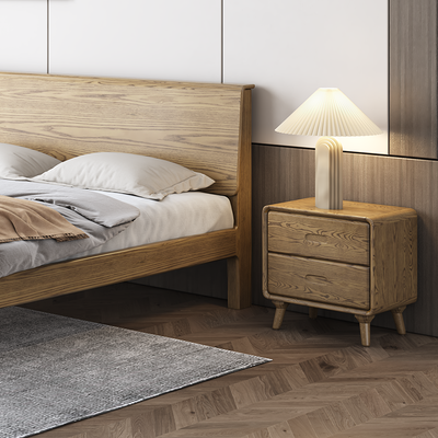 Minimalist Solid Ash Wood Rectangular Nightstand With 2 Smooth-Glide Drawers - Durable Bedside Table For Bedroom