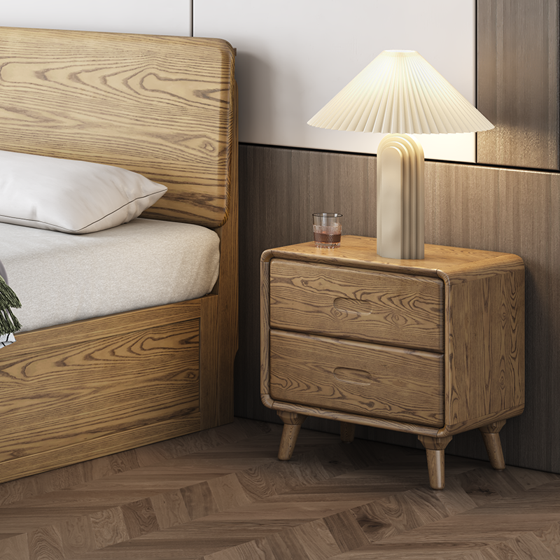 Minimalist Solid Ash Wood Rectangular Nightstand With 2 Smooth-Glide Drawers - Durable Bedside Table For Bedroom