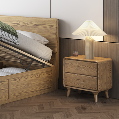 Minimalist Solid Ash Wood Rectangular Nightstand With 2 Smooth-Glide Drawers - Durable Bedside Table For Bedroom