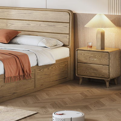 Minimalist Solid Ash Wood Rectangular Nightstand With 2 Smooth-Glide Drawers - Durable Bedside Table For Bedroom