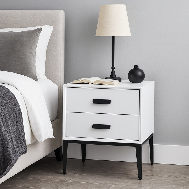 Modern Minimalist E1 MDF Iron Rectangular Nightstand With 2 Drawers Storage - Compact Bedside Table For Bedroom
