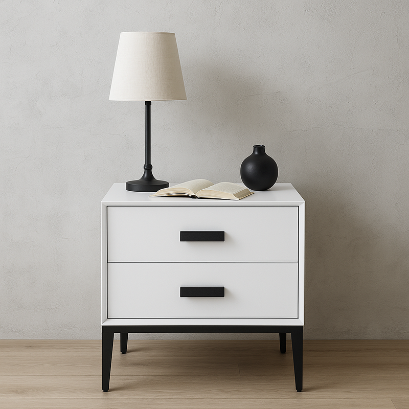 Modern Minimalist E1 MDF Iron Rectangular Nightstand With 2 Drawers Storage - Compact Bedside Table For Bedroom