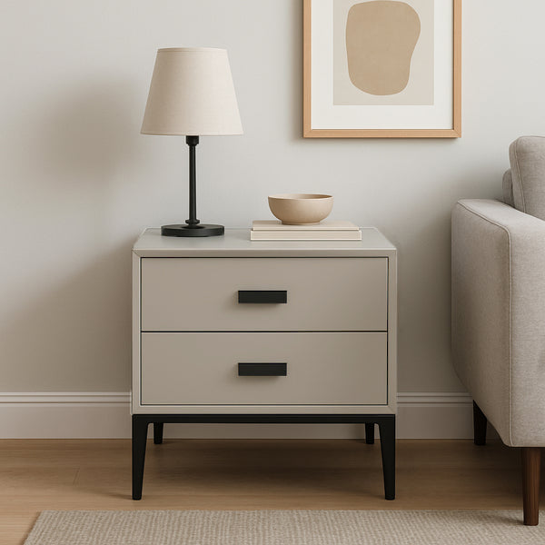 Modern Minimalist E1 MDF Iron Rectangular Nightstand With 2 Drawers Storage - Compact Bedside Table For Bedroom