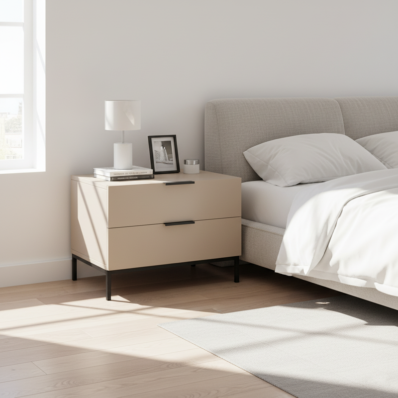 Modern Minimalist E1 MDF Iron Rectangular Nightstand With 2 Drawers Storage - Compact Bedside Table For Bedroom