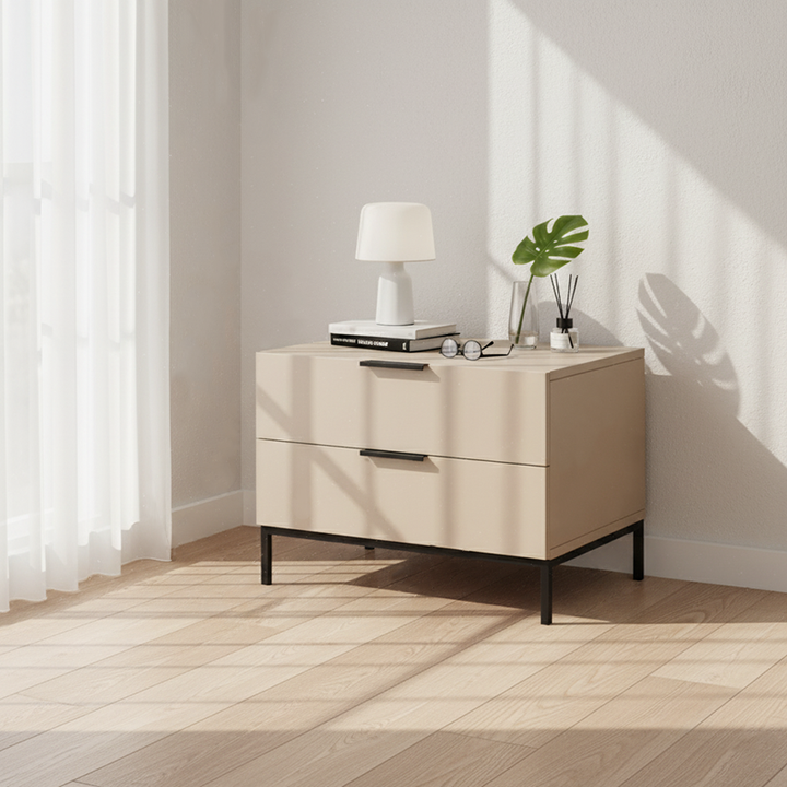Modern Minimalist E1 MDF Iron Rectangular Nightstand With 2 Drawers Storage - Compact Bedside Table For Bedroom