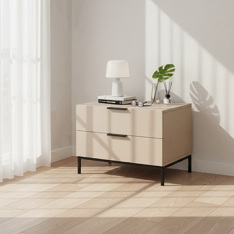 Modern Minimalist E1 MDF Iron Rectangular Nightstand With 2 Drawers Storage - Compact Bedside Table For Bedroom