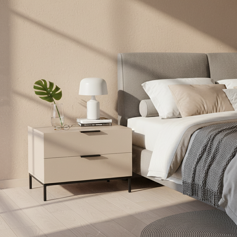 Modern Minimalist E1 MDF Iron Rectangular Nightstand With 2 Drawers Storage - Compact Bedside Table For Bedroom