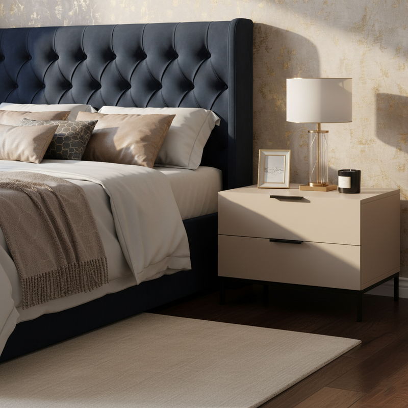 Modern Minimalist E1 MDF Iron Rectangular Nightstand With 2 Drawers Storage - Compact Bedside Table For Bedroom