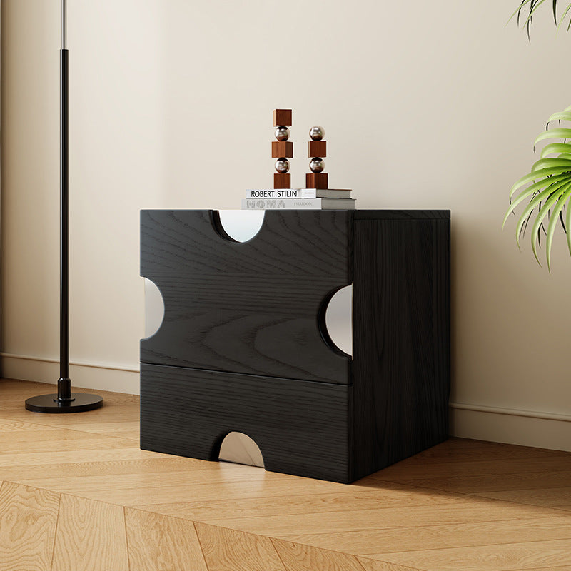 Modern Minimalist Dot-Design Square Multi-Layer Wood Nightstand 2-Drawer Storage For Bedroom