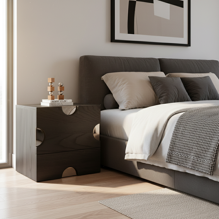 Modern Minimalist Dot-Design Square Multi-Layer Wood Nightstand 2-Drawer Storage For Bedroom