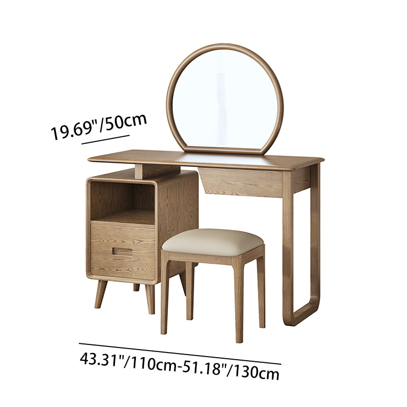 Solid Wood Dressing Table With Round Mirror Minimalist Ash &amp; Rubberwood Makeup Vanity With Storage for Bedroom