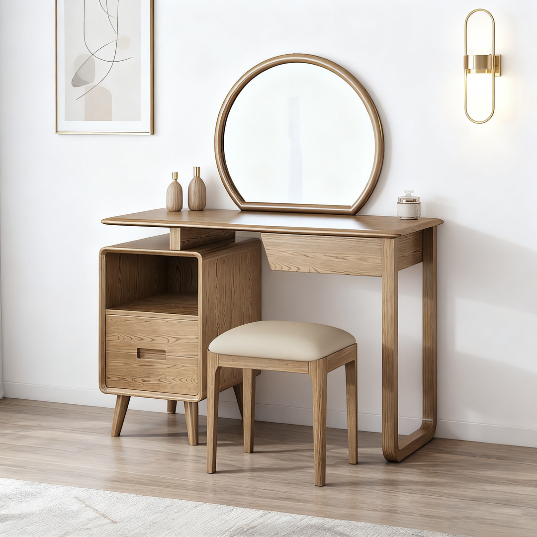 Solid Wood Dressing Table With Round Mirror Minimalist Ash &amp; Rubberwood Makeup Vanity With Storage for Bedroom