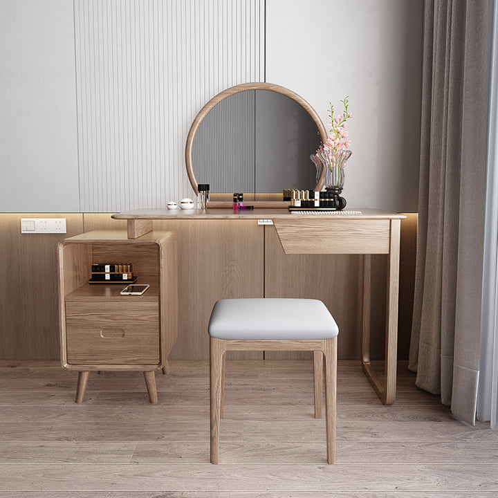 Solid Wood Dressing Table With Round Mirror Minimalist Ash &amp; Rubberwood Makeup Vanity With Storage for Bedroom