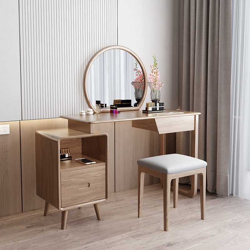 Solid Wood Dressing Table With Round Mirror Minimalist Ash &amp; Rubberwood Makeup Vanity With Storage for Bedroom