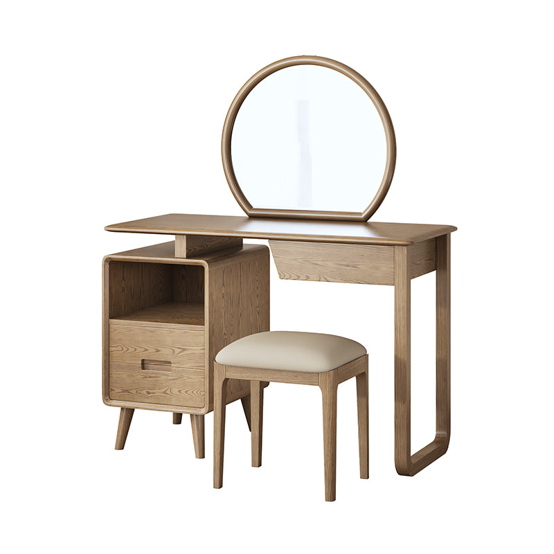 Solid Wood Dressing Table With Round Mirror Minimalist Ash &amp; Rubberwood Makeup Vanity With Storage for Bedroom