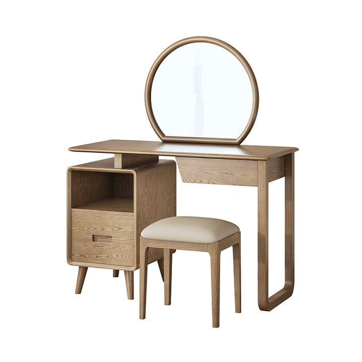 Solid Wood Dressing Table With Round Mirror Minimalist Ash &amp; Rubberwood Makeup Vanity With Storage for Bedroom