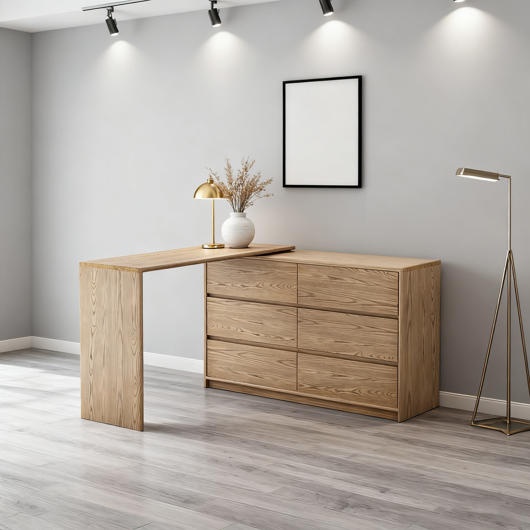 Modern Minimalist Solid Ash Wood Modular Desk With 6-Drawer Storage Cabinet For Home Office &amp; Bedroom